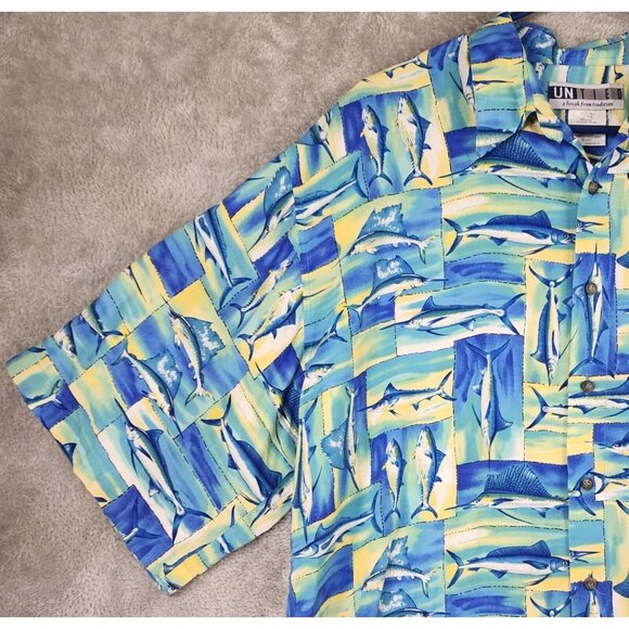 Un Tied Shirt Mens Large Blue Sword Fish Hawaiian Casual Button Up Short Sleeve - Picture 9 of 10